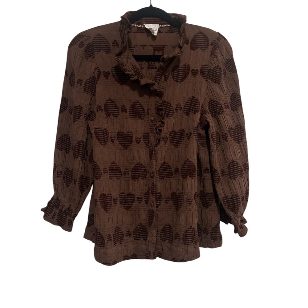 Umgee Brown Heart Embroidered Ruffle Button Up Top Women’s Large - Picture 4 of 5